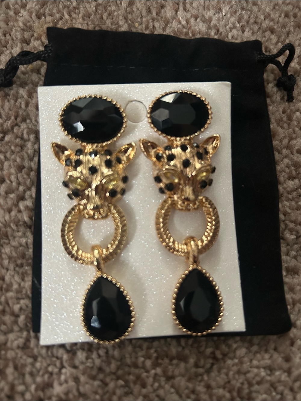 Edgy Gold Leopard Head Drop Earrings with Black Stones